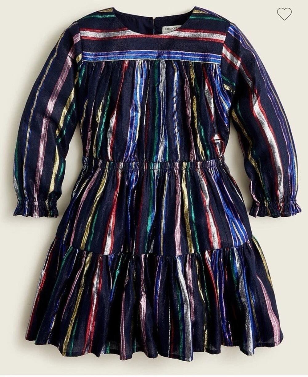Crewcuts Girls' Puff Sleeve Dress Metallic Rainbow Stripes Christmas Classic 12